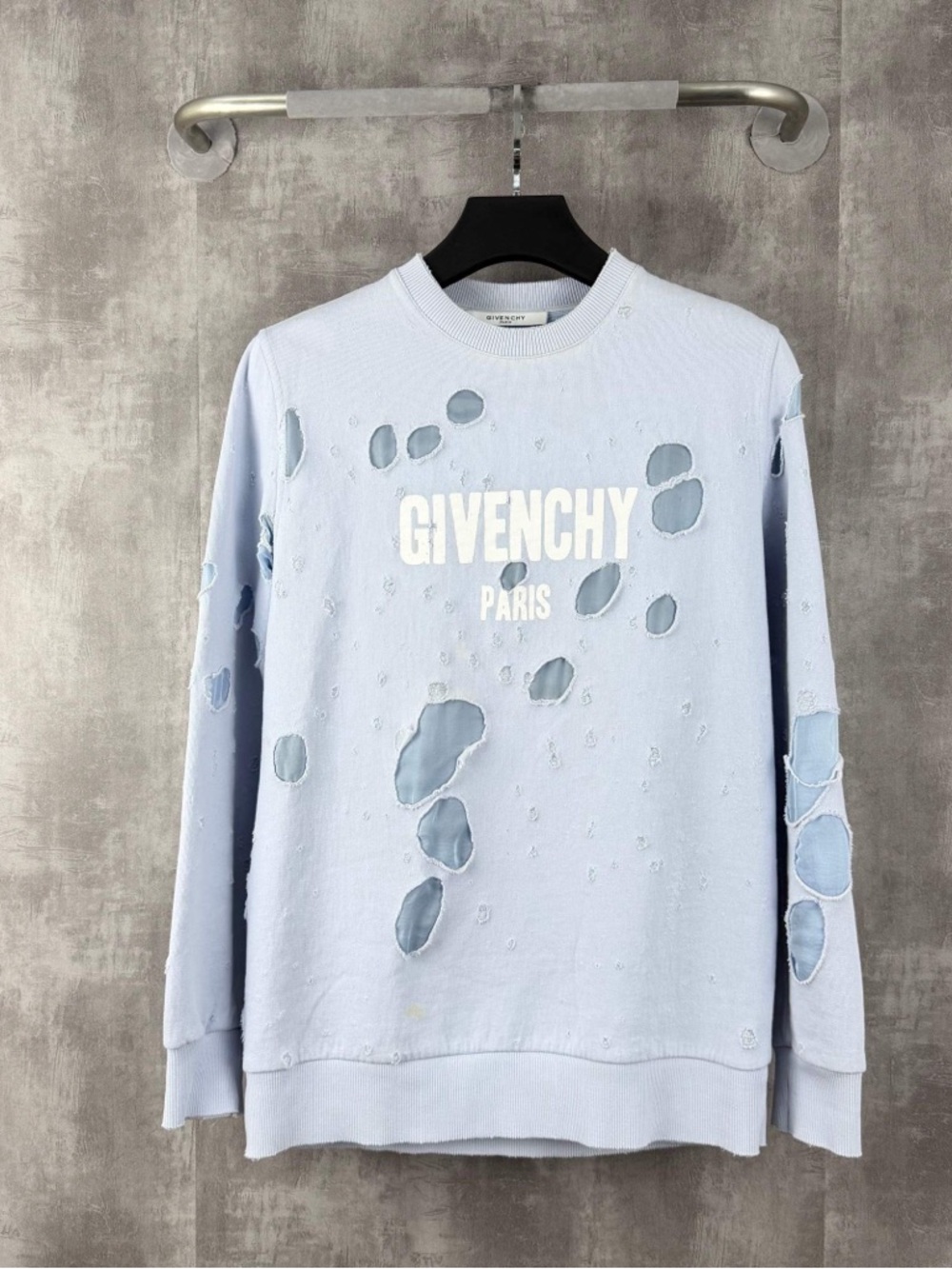🚩steal Givenchy Light Blue Distressed Logo Crewneck Sweatshirt